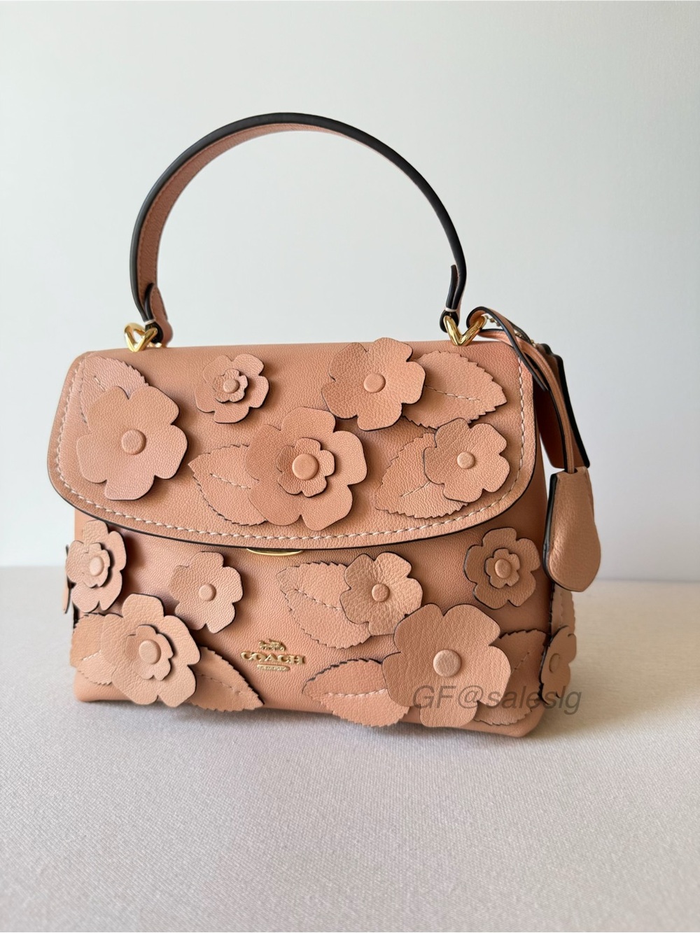 NWT Coach Emory Floral Appliqué Top Handle Bag Leather Crossbody Gold/Light Pink
